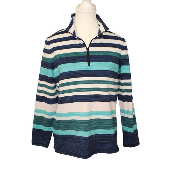 Talbots Petite Large Quarter Zip Stripe Teal Navy White LS Terry Top Side Vents - Picture 1 of 7